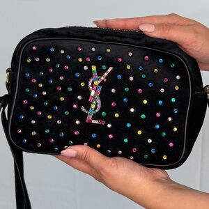 YSL Rainbow Crystal Studded Camera Bag black